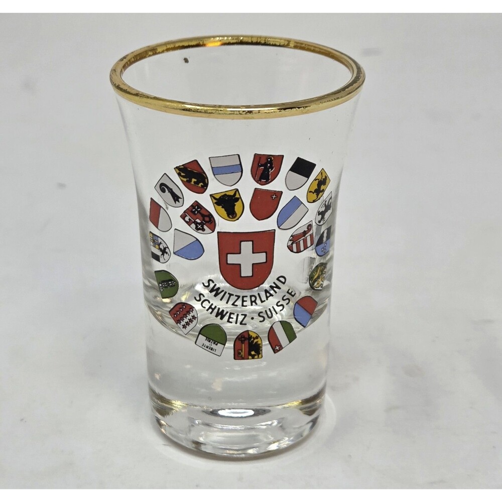 Vintage Switzerland Schweiz Suisse Shot Glass Gold Rim 26 Canton Crests Shields